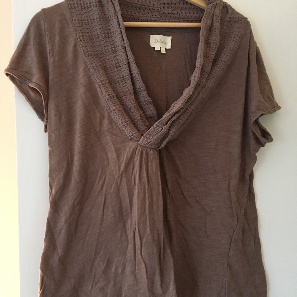 Anthropology short sleeve embroidered neck top